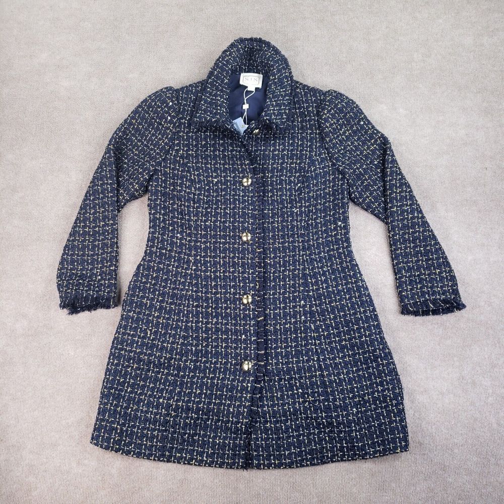 Sail to Sable Tweed Coat Womens Size Large Long Blue‎ Gold Button Front Sequence